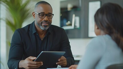 Businessman in glasses holds tablet, interviewing a woman.