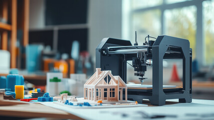3D printer in workshop creating detailed models and designs, showcasing creativity and innovation in technology. workspace is filled with colorful prototypes and tools