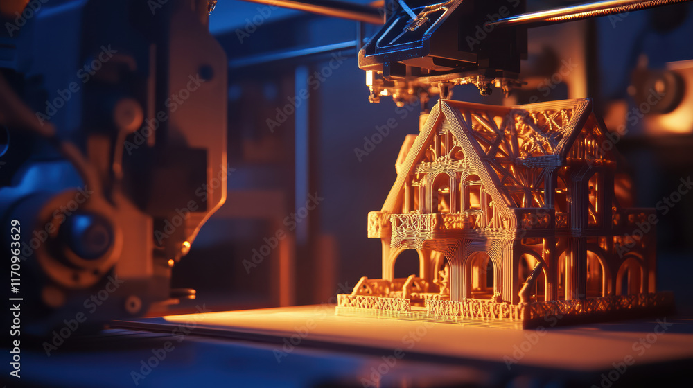 Poster 3d printer creating detailed house model with intricate designs, showcasing advanced technology and 