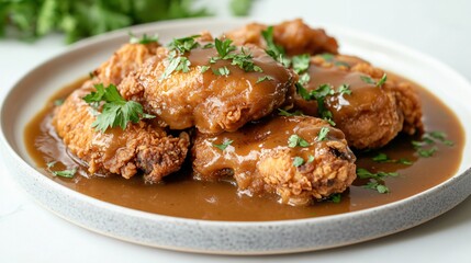 A plate of crispy chicken drenched in gravy, isolated on a bright white surface with a decorative swirl of gravy and fresh parsley