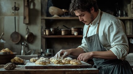 A skilled baker meticulously prepares pastries in a historic kitchen.