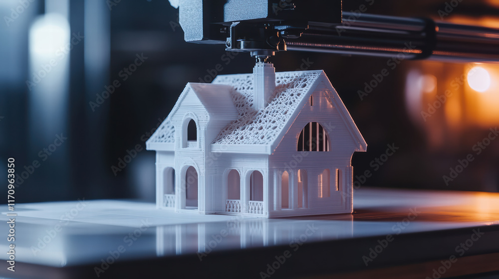 Poster 3d printer creating detailed model of house with intricate patterns. scene captures technology of ad
