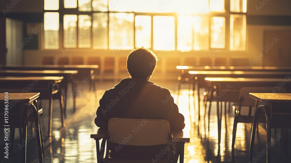 Poster A lone student sits in an empty classroom, back to the camera, bathed in the golden light of the setting sun streaming through large windows.