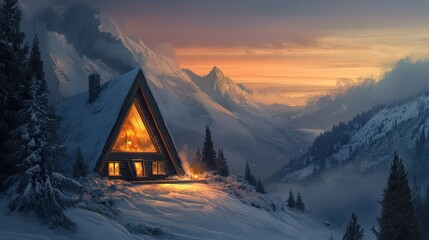 A Cozy Cabin nestled in a snowy mountain range at sunset