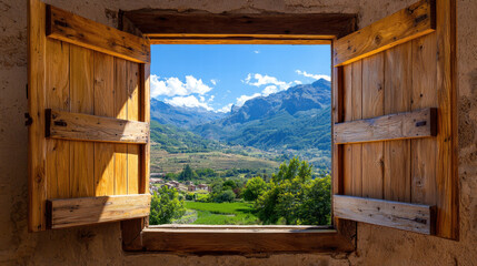 Obraz premium Interior open door, window landscape. Scenic mountain view through a rustic wooden window with open shutters.