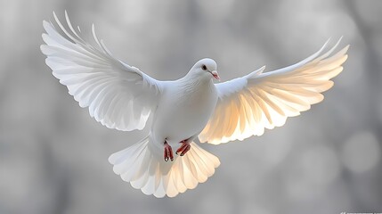 White Dove Streptopelia risoria iconic pure white pigeon midflight wings fully spread isolated on a white background for peace and celebration themes