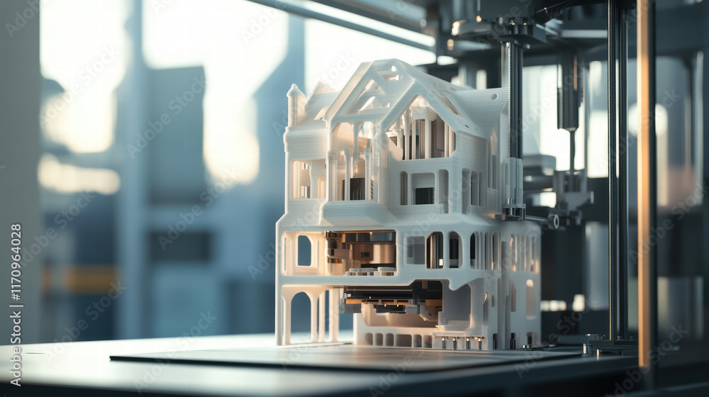 Poster 3d printer creating detailed multi story house model, showcasing advanced technology and design. int