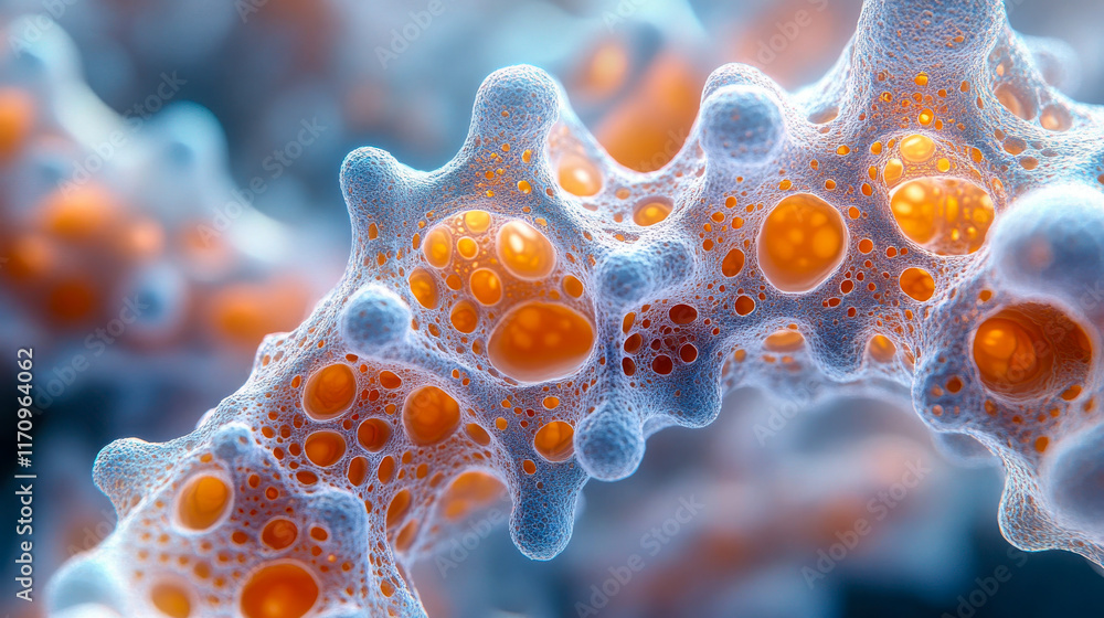 Poster microscopic view of a cellular structure with orange glowing cells, depicting intricate details of b