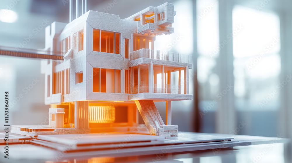 Aufkleber 3d printer creating multi story house model, showcasing innovative architecture and design. intricat