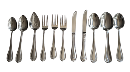 Elegantly Arranged Luxury Silver Cutlery Set Perfect for Upscale Dining Experiences and Special Occasions.
