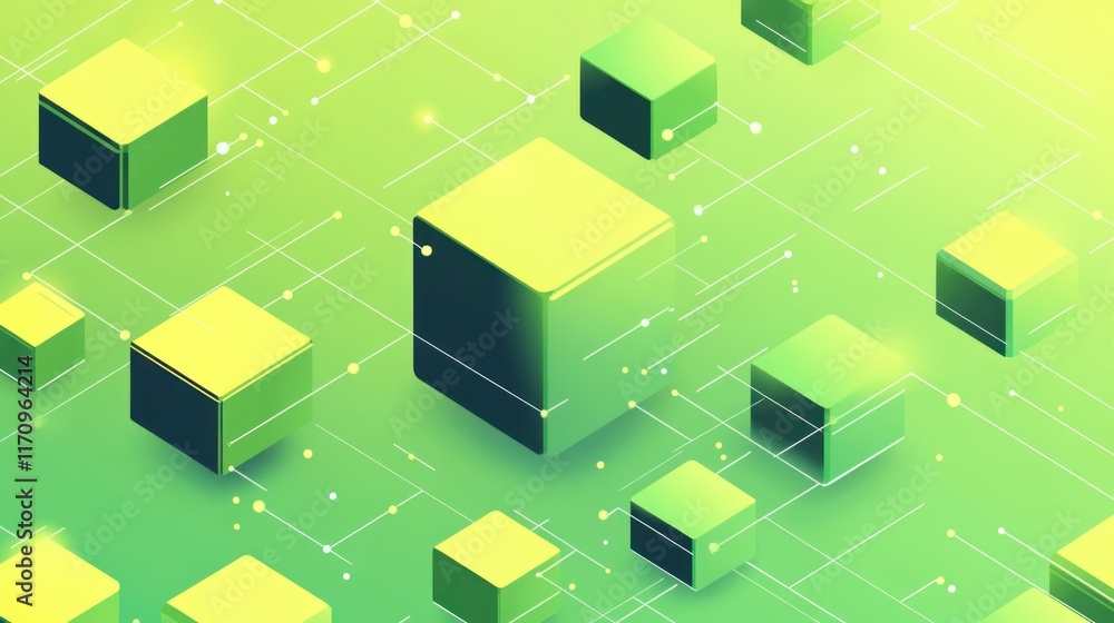 Poster Abstract green and yellow isometric cubes connected by lines on a gradient background.