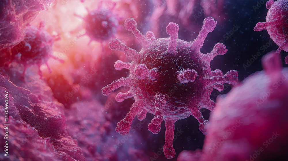 Poster high-resolution image showing bacteria and viruses under a microscope, representing disease spread o