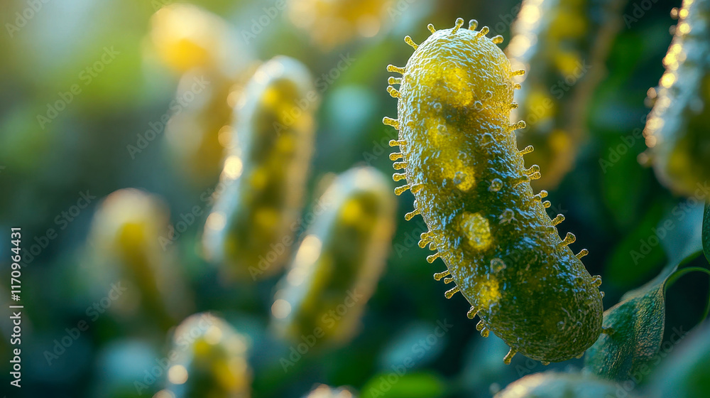 Poster a detailed image showing viruses attacking cells under a microscope, illustrating the microscopic ba