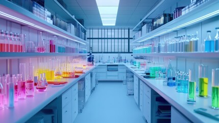 Fototapeta premium Modern laboratory interior with colorful chemicals in beakers and flasks on shelves and lab tables. Empty corridor. Bright lighting. Clean, sterile, and organized.