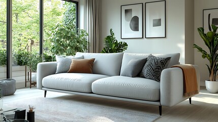 3D render of a stylish living room with a light gray sofa, minimal design, and plenty of natural light.