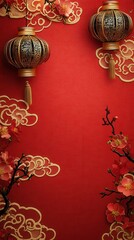A rich red background with intricate gold swirling cloud patterns, accented by traditional Chinese lanterns and plum blossoms for a Chinese New Year invitation design.