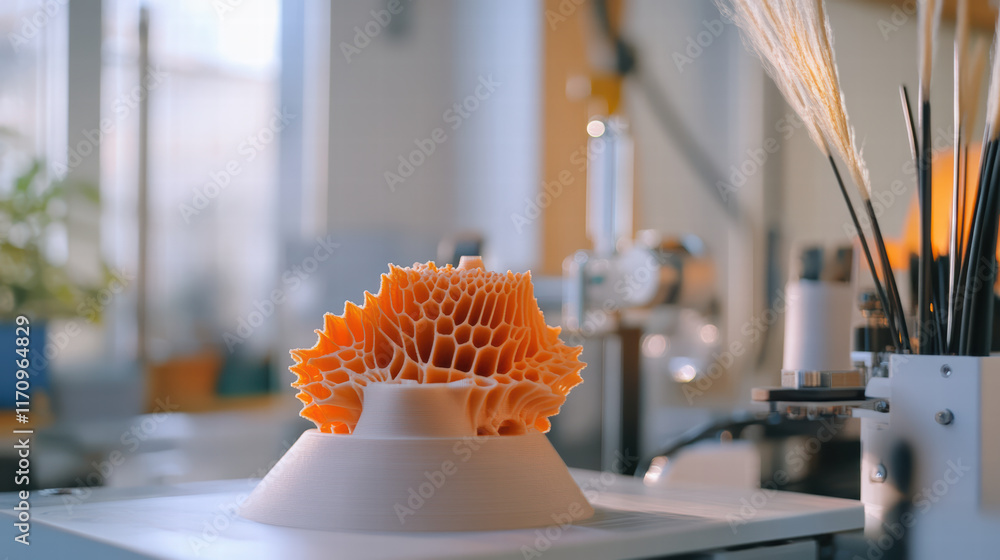 Poster 3d printing process showcasing sustainable design with intricate patterns. vibrant orange structure 