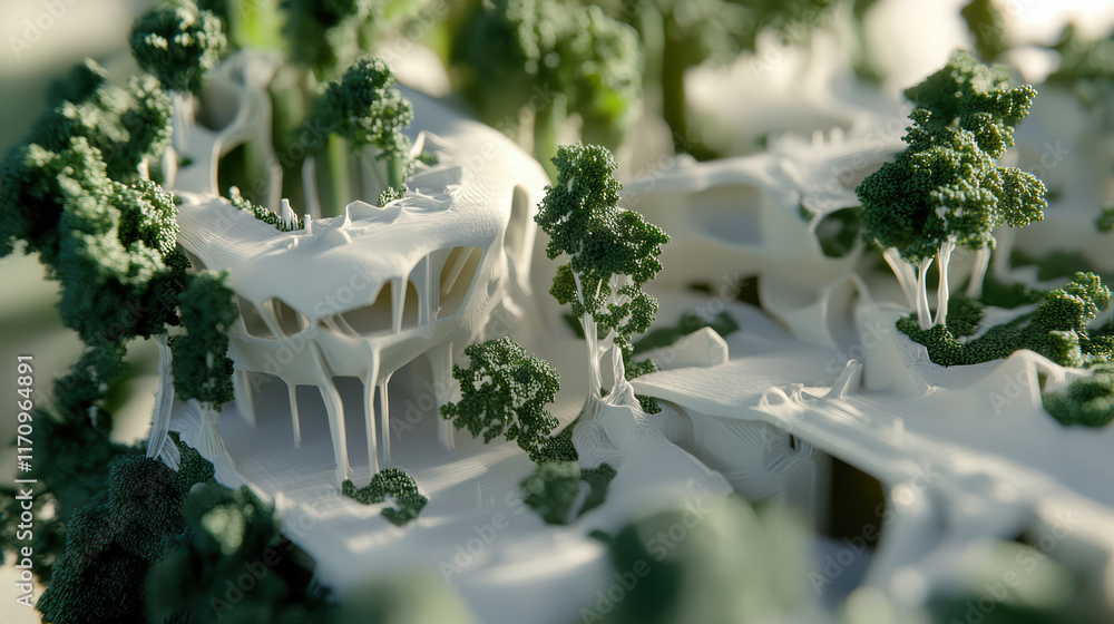 Poster sustainable 3d printing model showcasing intricate designs with greenery. this innovative process em