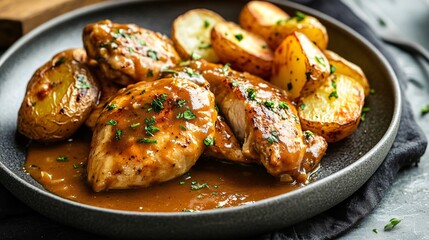 A skillet meal of sauteed chicken with rich gravy, isolated on a modern plate with a side of roasted potatoes