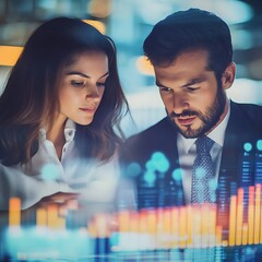 A businessman and businesswoman reviewing a business report, with holographic data and charts projected in front of them.