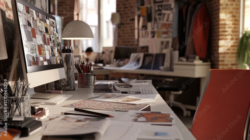 Poster creative workspace with computer, desk, papers, and design elements.