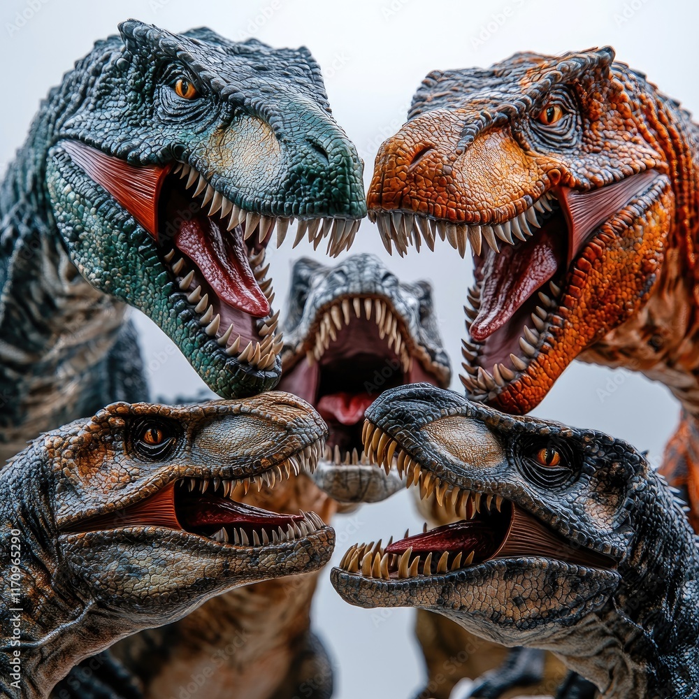 Poster a dynamic display of dinosaur figurines showcasing various colors and expressions.