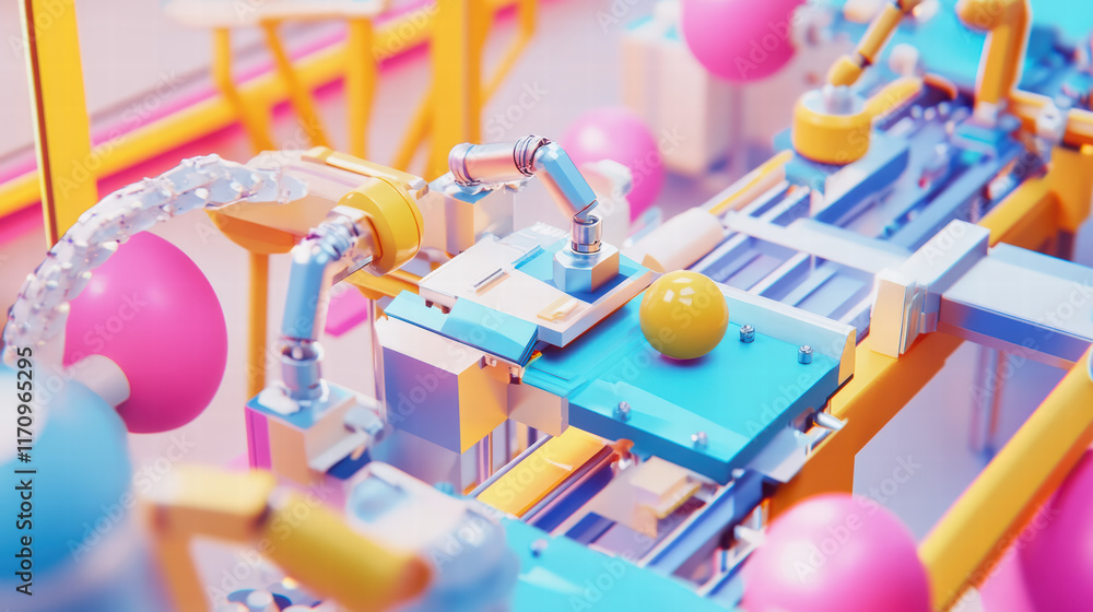 Aufkleber vibrant 3d production line featuring robotic arms assembling colorful objects. scene showcases playf