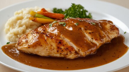 A tender chicken breast smothered in rich brown gravy, isolated on a white plate with a soft beige background