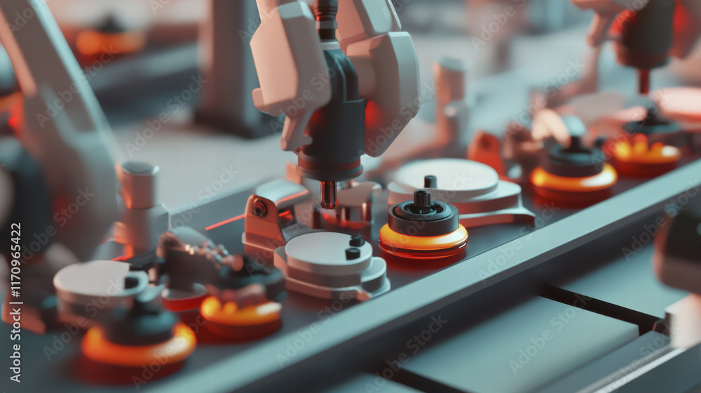 Poster 3d production line with robotic arms assembling components in factory setting. scene showcases advan