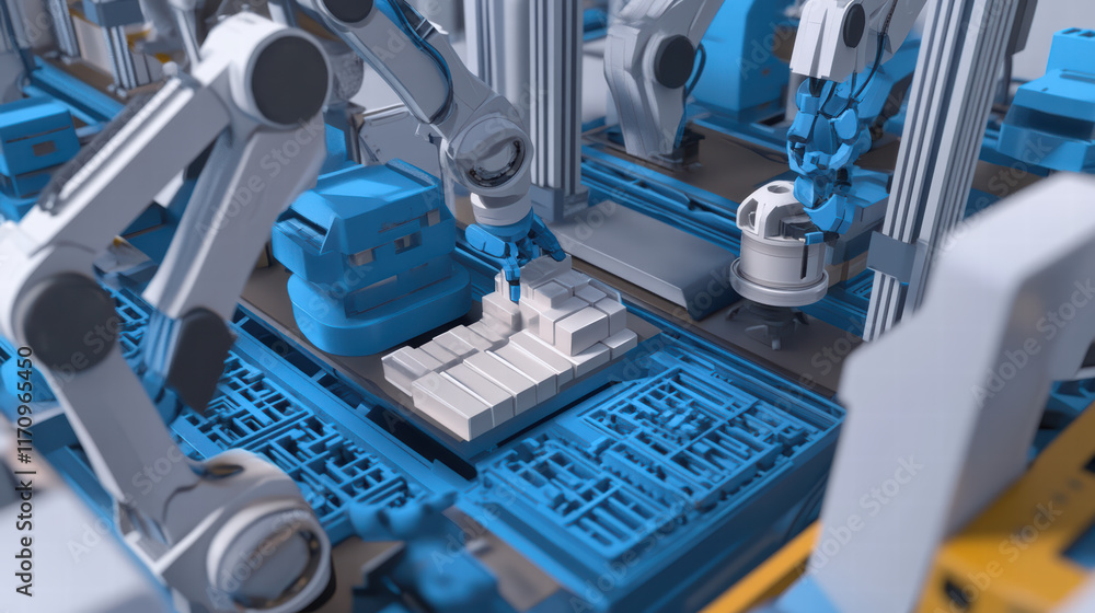 Poster 3d production line featuring robotic arms assembling products in modern factory setting. blue and gr