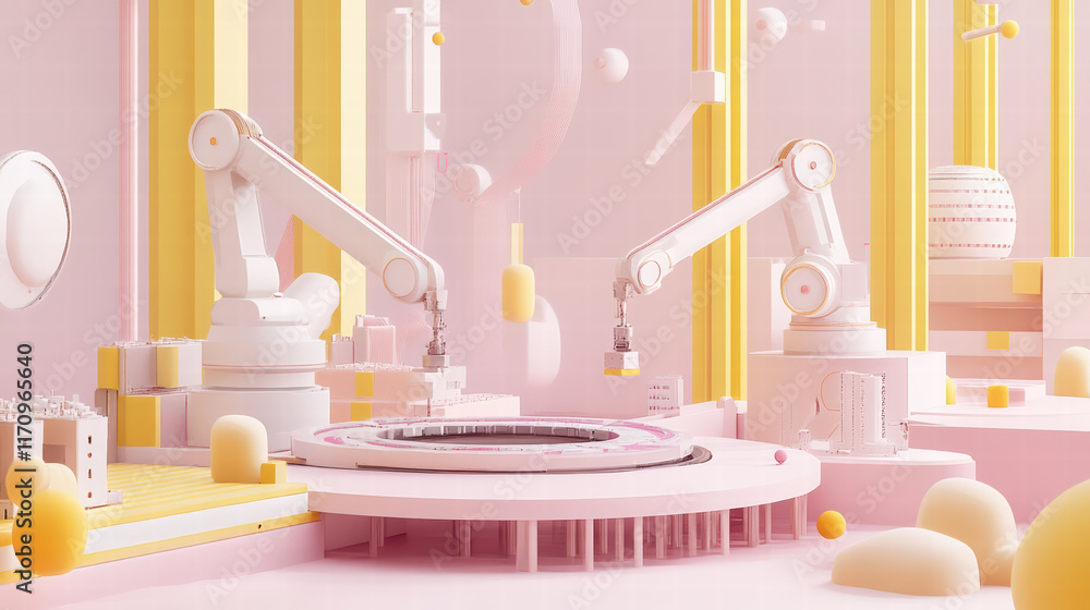 Poster vibrant 3d production line featuring robotic arms assembling colorful shapes in pastel environment. 