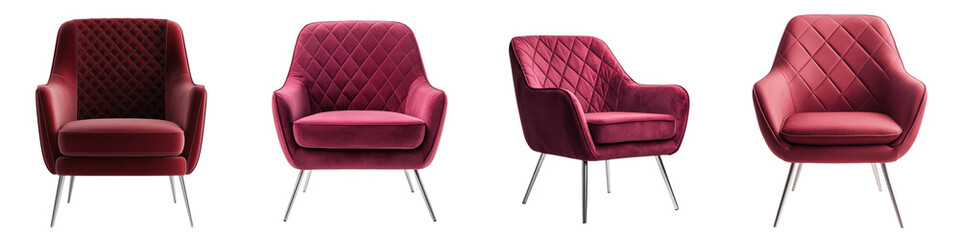 Obraz premium Luxurious burgundy velvet upholstered armchair with a tufted design showcased in a contemporary and stylish interior setting The chair offers a cozy and sophisticated seating experience