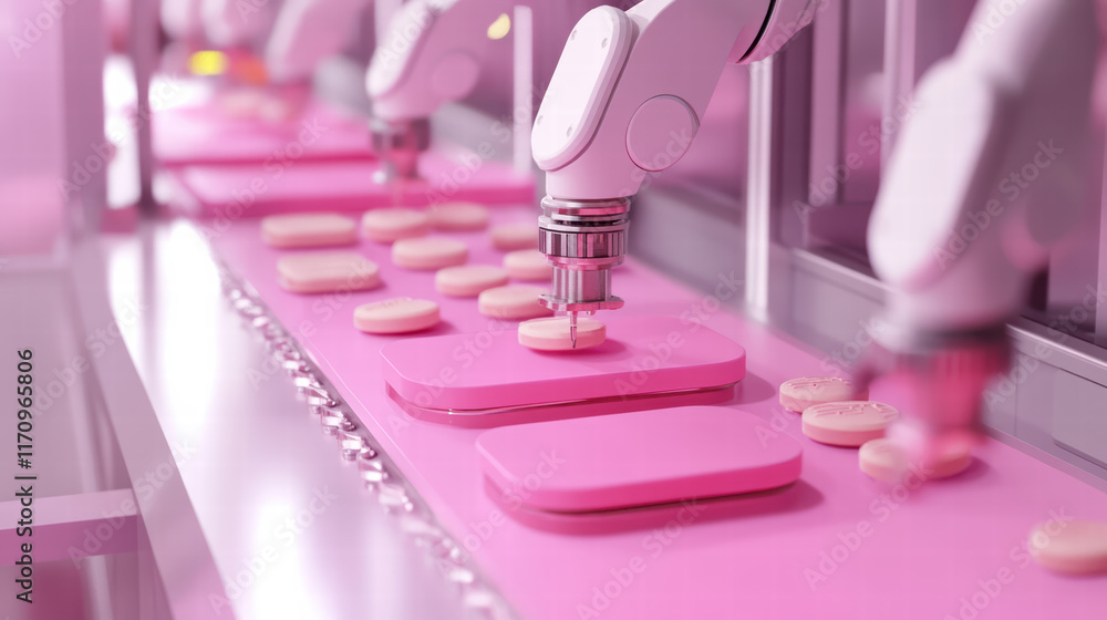 Aufkleber robotic arms in pink production line assembling tablets with precision and efficiency. vibrant color