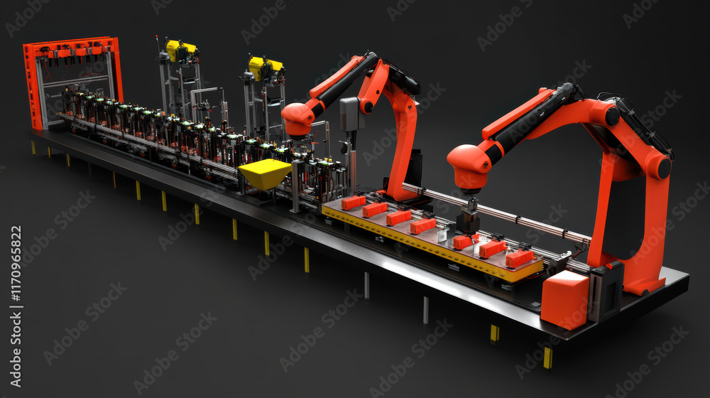 Aufkleber 3d production line featuring robotic arms assembling products efficiently. scene showcases advanced 