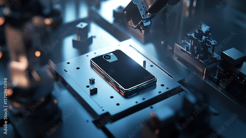 Poster 3d smartphone being assembled with high tech machinery in modern factory. intricate process showcase