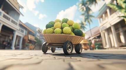 Fruit cart delivery tropical market 3d animation sunny environment low angle fresh produce adventure