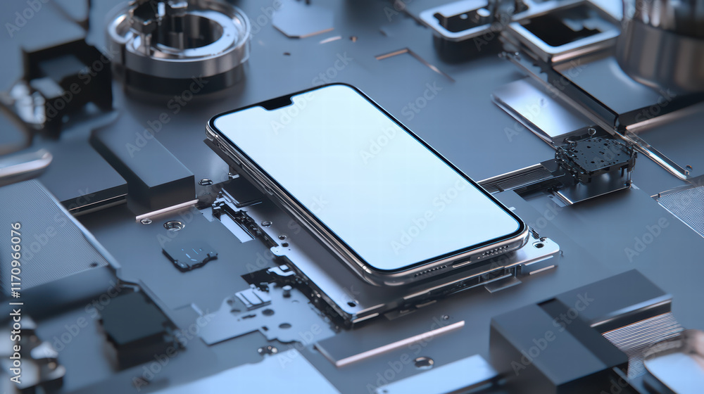 Poster 3d smartphone being assembled with high tech machinery, showcasing intricate components and modern t