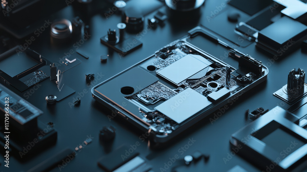 Aufkleber 3d smartphone being assembled with intricate parts, showcasing technology and precision in dark envi