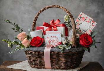 Valentine’s Day basket filled with wrapped gifts and flowers