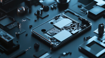 Fototapeta premium 3D smartphone being assembled with intricate parts, showcasing technology and precision in dark environment. components highlight complexity of modern devices