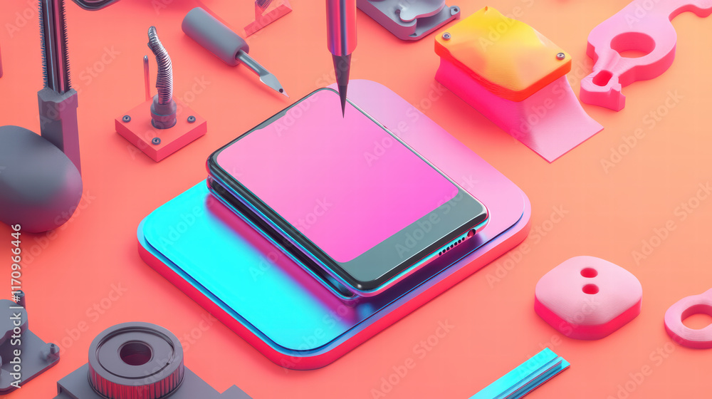Aufkleber 3d smartphone being assembled with precision tools, showcasing vibrant colors and various components