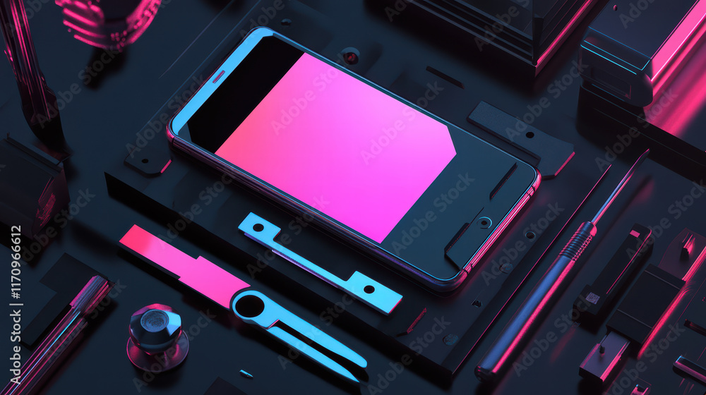 Poster 3d smartphone surrounded by precision tools and components, showcasing vibrant pink and blue color s