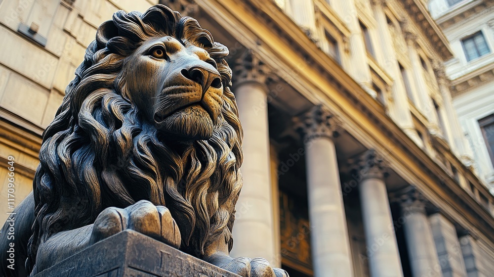 Poster a close-up of a majestic lion statue in front of a classical building with columns.