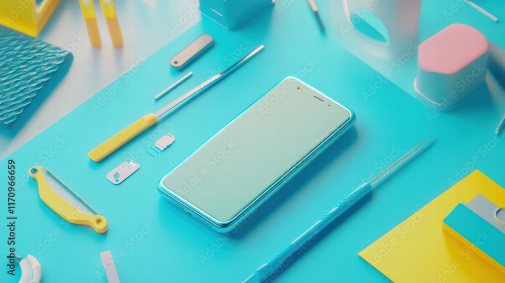 Aufkleber 3d smartphone surrounded by precision tools on vibrant blue background, showcasing assembly process 