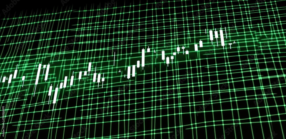 Poster Abstract green grid with white candlestick chart showing stock market trends and data visualization.