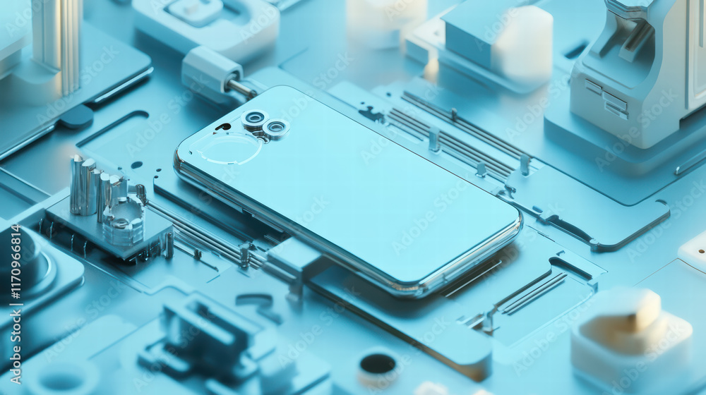 Aufkleber 3d smartphone model surrounded by precision tools and components, showcasing advanced technology and