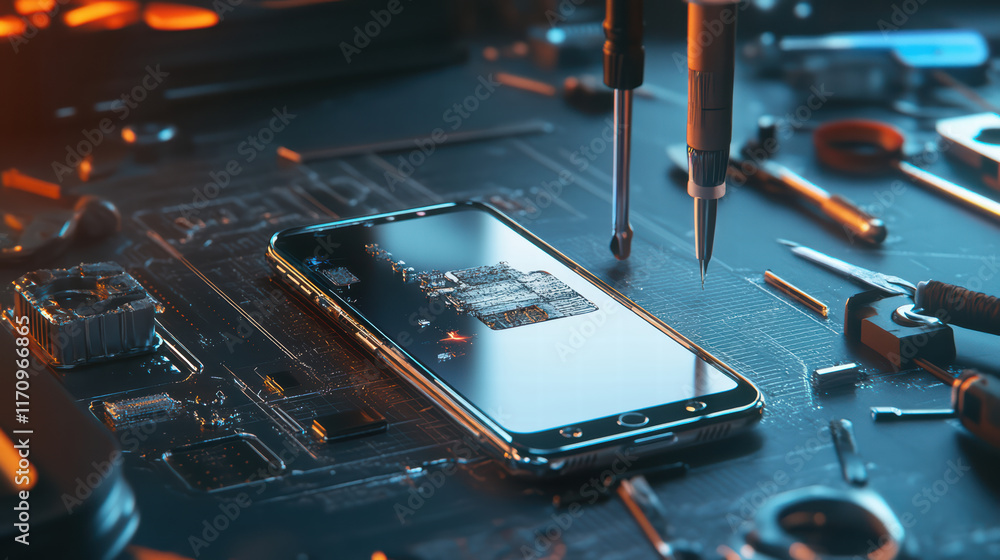 Aufkleber 3d smartphone being assembled with precision tools on workbench, showcasing intricate components and