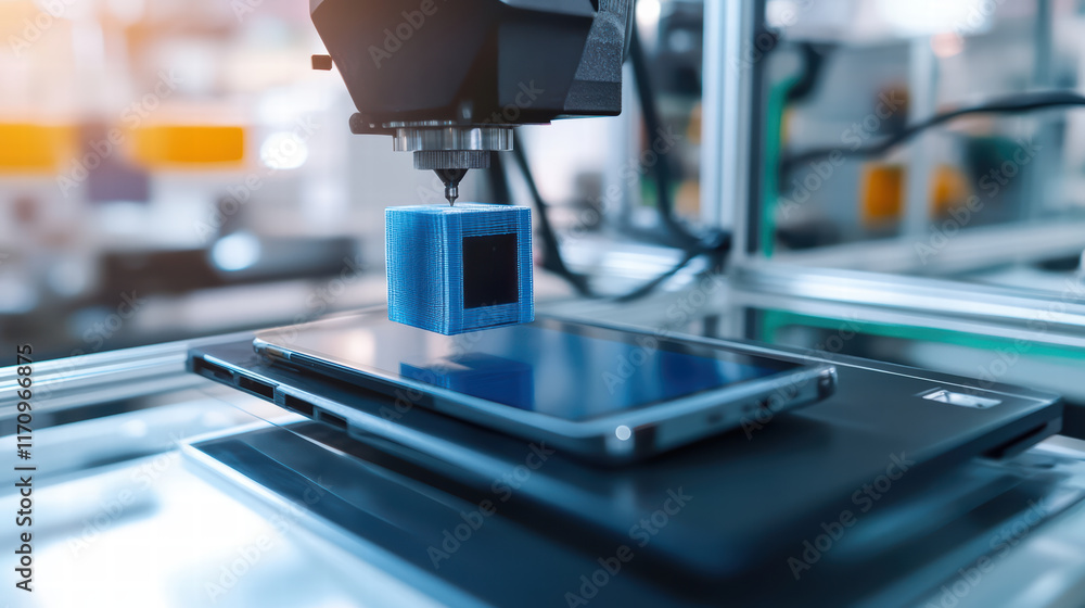 Poster 3d printer assembling smartphone component with precision tools, showcasing advanced technology in m
