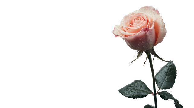 A single light pink rose with a dewdrop on a delicate petal, perfect for adding a touch of elegance to greeting cards, wedding invitations, or personal blogs focused on nature and beauty..