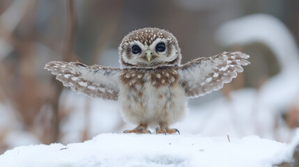 baby owl stretching its wings while perched on soft cloud of snow, showcasing its fluffy feathers and curious expression